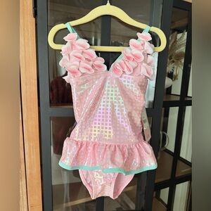 NWT Floatimini iridescent 3D toddler one piece swimsuit floral ruffled tutu